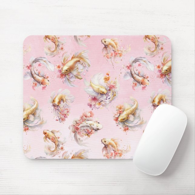 Rosa Aquarell Gold Koi Fisch Flora Mousepad (Mit Mouse)
