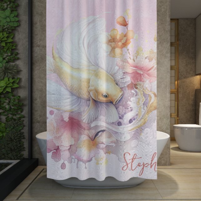 Rosa Aquarell Gold Koi Fisch Personalisiert Duschvorhang (Pink Watercolor Gold Koi Fish Floral Personalized Shower Curtain)