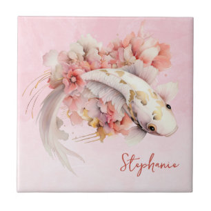 Rosa Aquarell Gold Koi Fisch Personalisiert Fliese