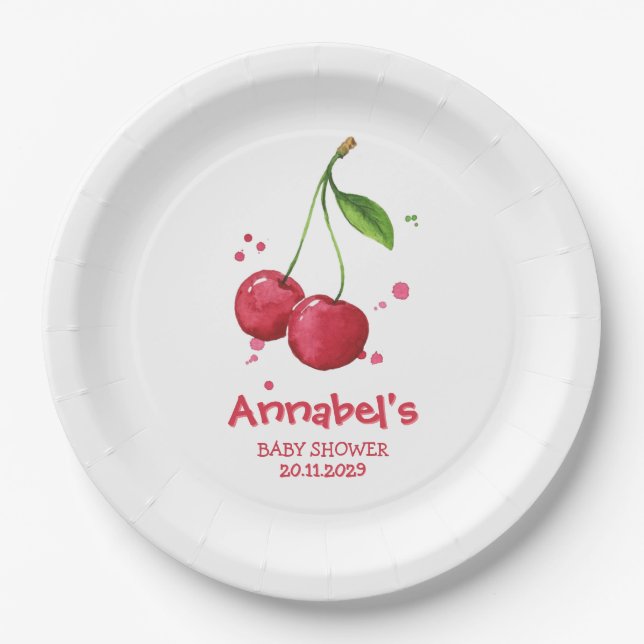 Rosa Aquarell-Kirsch-Baby-Party Pappteller (Vorderseite)
