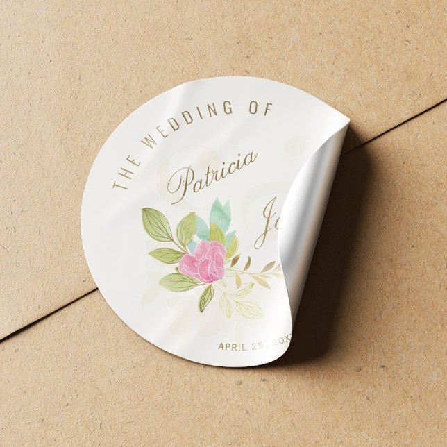 Rosa Aquarell Rose Goldschrift Ampere und Hochzeit Runder Aufkleber (Von Creator hochgeladen)