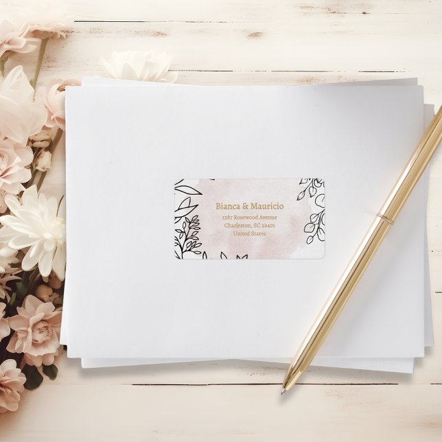 Rosa Aquarell & Schwarze Blumen Elegante Adresse Adressaufkleber (Blush Watercolor & Black Floral Elegant Address Label)
