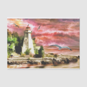 Rosa Aquarell-Seemöwe-Sonnenuntergang-Leuchtturm Seidenpapier