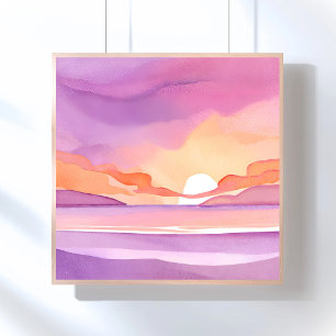 Rosa Aquarell-Sonnenuntergang Schöner Ozeanhimme Poster