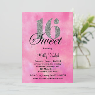 Rosa Aquarell und Glitzer Typografie Sweet 16 Einladung