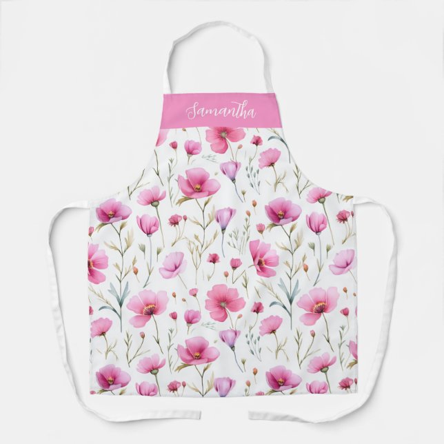 Rosa Aquarell-Wildblumen-Monogramm-Name Schürze (Vorderseite)