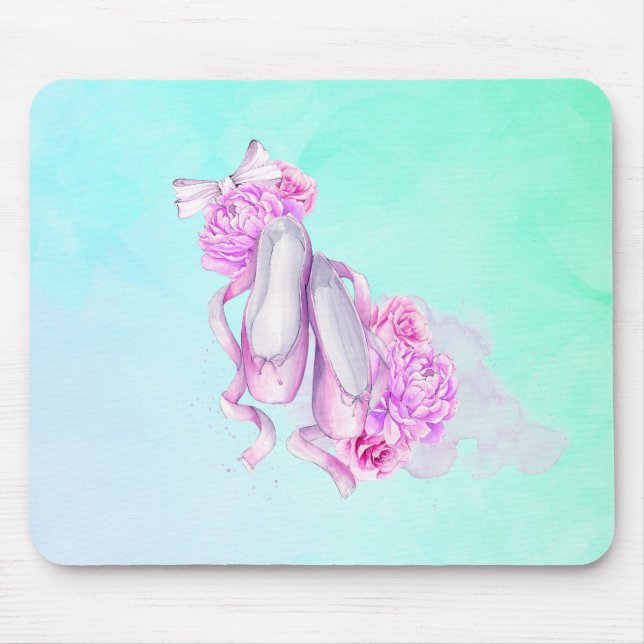 Rosa Aquarellballerschuhe mit Peonies und Bow Mousepad (Vorne)