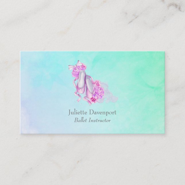 Rosa Aquarellballerschuhe mit Peonies und Bow Visitenkarte (Vorderseite)