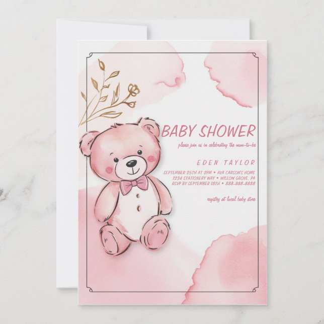 Rosa Aquarellbär Babydusche Einladungen (Vorderseite)