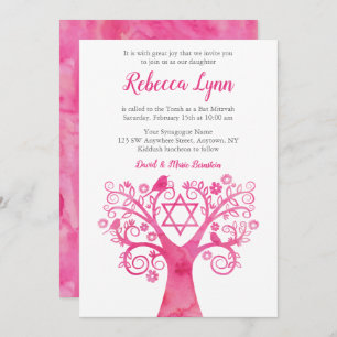 Rosa Aquarellbaum Bat Mitzvah Einladung