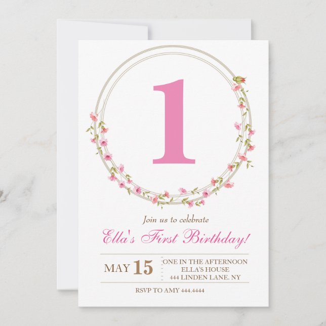 Rosa Aquarellblume 1. Geburtstag Einladungen (Vorderseite)