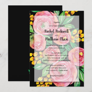 Rosa Aquarellblume auf Schwarzer Hochzeit Einladung