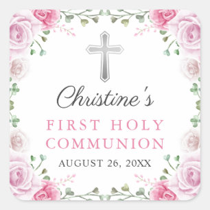 Rosa Aquarellblume Erste Heilige Kommune Quadratischer Aufkleber