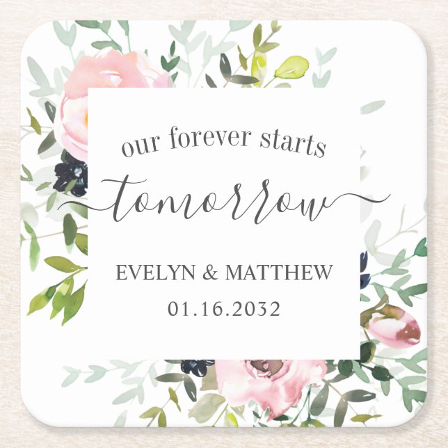 Rosa Aquarellblume für immer fängt morgen an Rechteckiger Pappuntersetzer (Vorderseite)