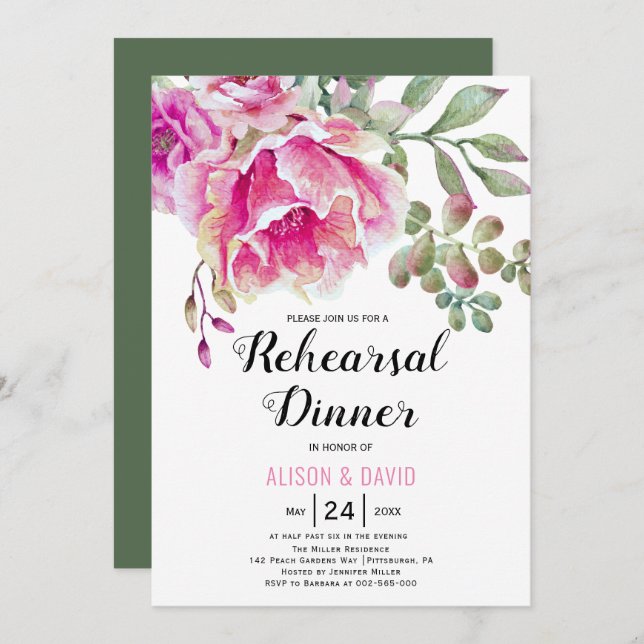 Rosa Aquarellblume Hochzeit Probe Dinner Einladung (Vorne/Hinten)