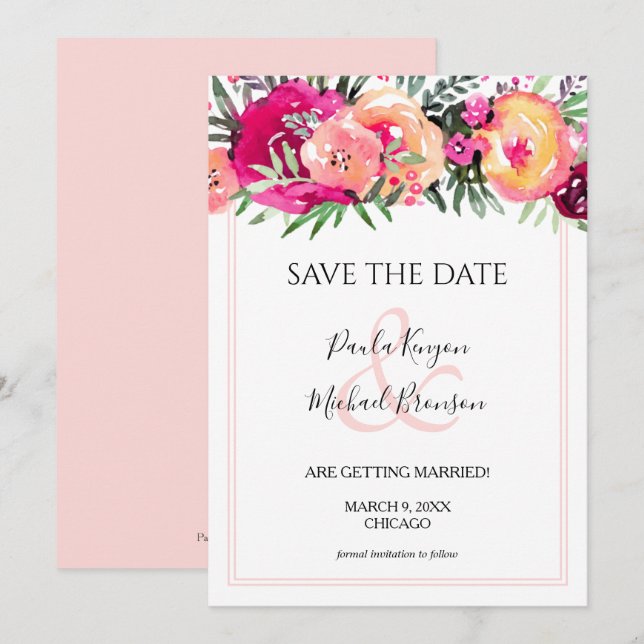 Rosa Aquarellblume Speichern Sie die Datumskarten (Vorne/Hinten)