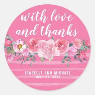 Rosa Aquarellblume und Streifen Hochzeit Runder Aufkleber