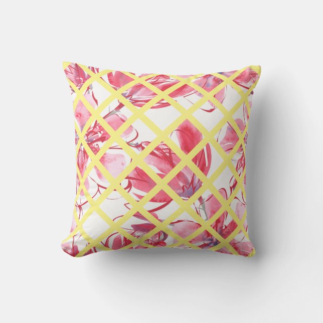 rosa Aquarellblume, weiches gelbes Gitter, Kissen (Vorderseite)