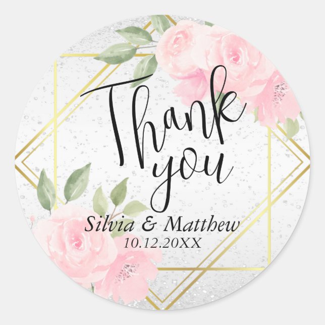 Rosa Aquarellblume, weißer Glitzer Runder Aufkleber (Vorderseite)