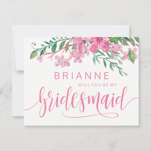 Rosa Aquarellblume wird meine Bridesmaid sein Einladung (Vorderseite)