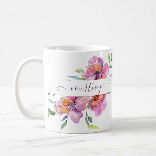 Rosa Aquarellblumen personalisiert Kaffeetasse (Links)