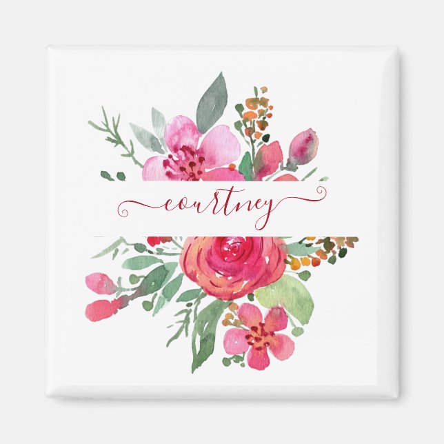 Rosa Aquarellblumen personalisiert Magnet (Vorne)