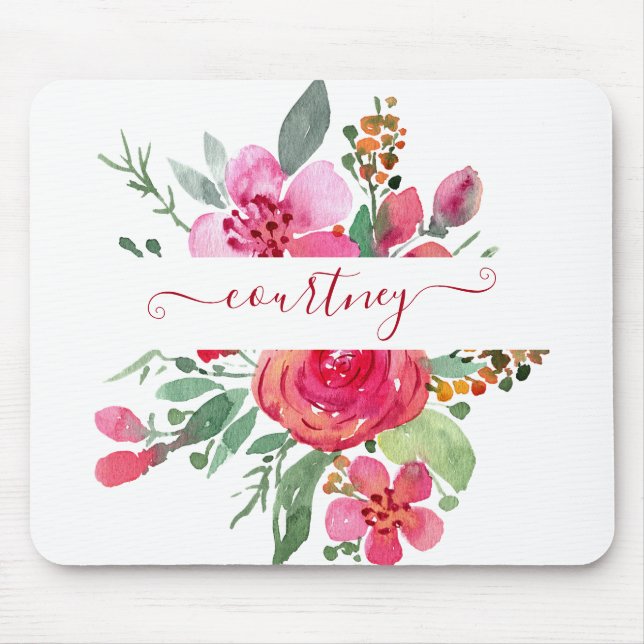 Rosa Aquarellblumen personalisiert Mousepad (Vorne)