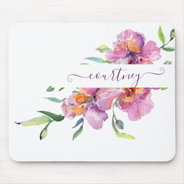 Rosa Aquarellblumen personalisiert Mousepad (Vorne)