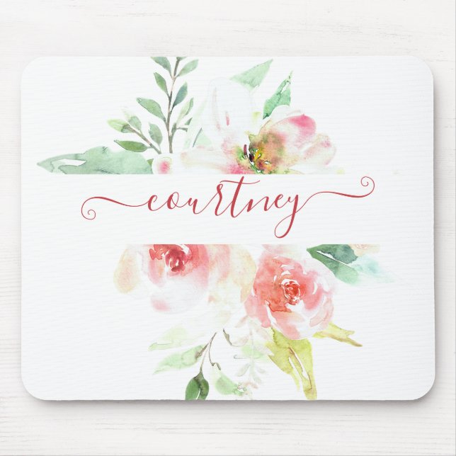 Rosa Aquarellblumen personalisiert Mousepad (Vorne)