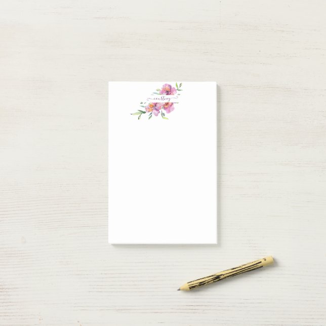 Rosa Aquarellblumen personalisiert Post-it Klebezettel (Auf Schreibtisch)