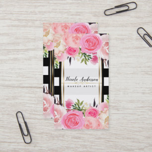 Rosa Aquarellblumen Schwarz Weiß Streifen Elegant Visitenkarte