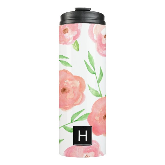 Rosa Aquarellblüten Thermosbecher (Vorderseite)