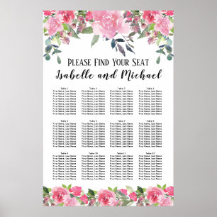 Rosa Aquarellblütendiagramm mit 12 Tischen Poster
