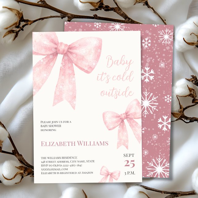 Rosa Aquarellbogen Kälte außerhalb Kinderdusche Einladung (Winter Baby Shower Invitation | Baby It’s Cold Outside Theme with pink Snowflake Bows)