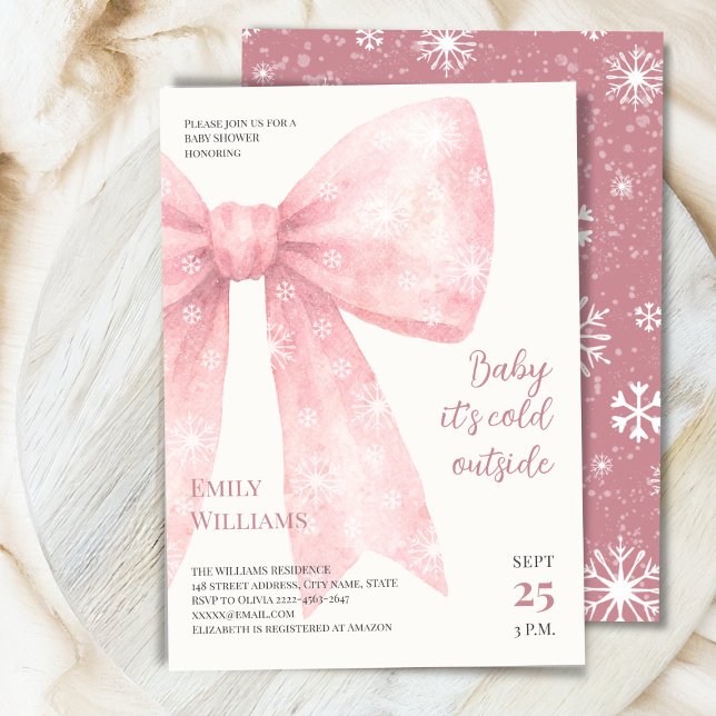Rosa Aquarellbogen Kälte außerhalb Kinderdusche Einladung (Winter Baby Shower Invitation | Baby It’s Cold Outside Theme with pink Snowflake Bows)
