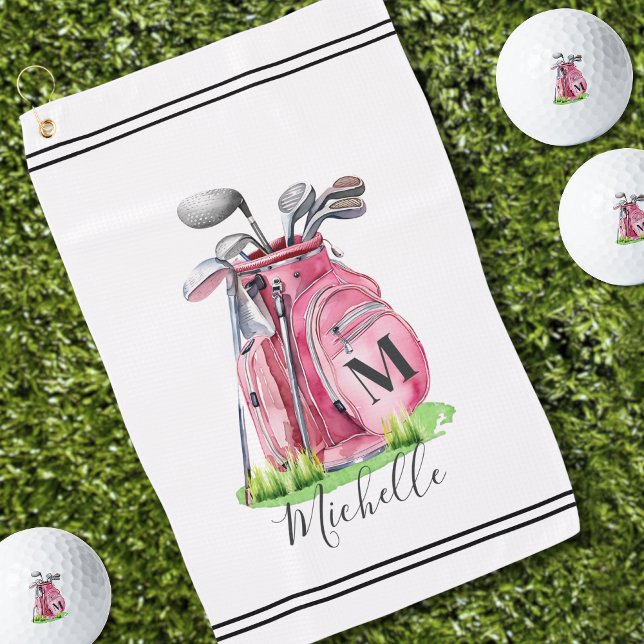 Rosa Aquarellfarbe Anfangsname Monogramm Golfhandtuch (Pink Watercolor Initial Name Monogram Golf Towel )