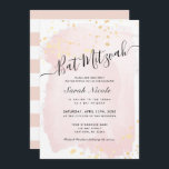 Rosa Aquarellfarbe x Gold Spritzer Bat Mitzvah Einladung<br><div class="desc">Dieses stilvolle und elegante Bat Mitzvah lädt mit einem watecfarbenen,  rosa Hintergrund mit Imitaten goldenen Spritzern und Buchstaben in schwarz ein. Auf der Rückseite ist ein weißer Hintergrund mit rosafarbenen Streifen erkennbar. Personalisieren Sie es für Ihre Bedürfnisse. In meinem Geschäft finden Sie passende Produkte.</div>
