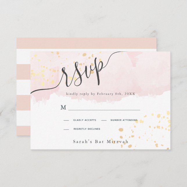 Rosa Aquarellfarbe x Gold Spritzer Bat Mitzvah RSVP Karte (Vorne/Hinten)