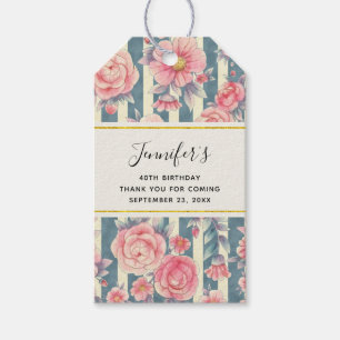 Rosa Aquarellfarben Blume auf Streifen Geburtstag Geschenkanhänger