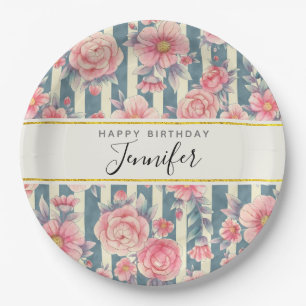 Rosa Aquarellfarben Blume auf Streifen Geburtstag Pappteller