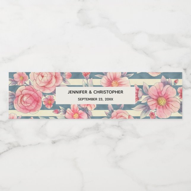 Rosa Aquarellfarben Blume auf Streifen Hochzeit Wasserflaschenetikett (Einzelnes Label)