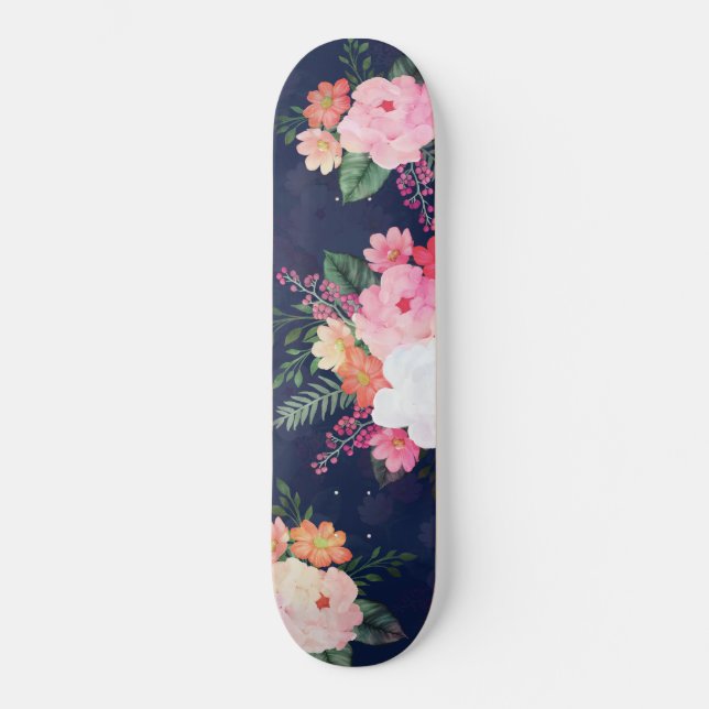 Rosa Aquarellfarben Blume Blaues Design Skateboard (Vorderseite)