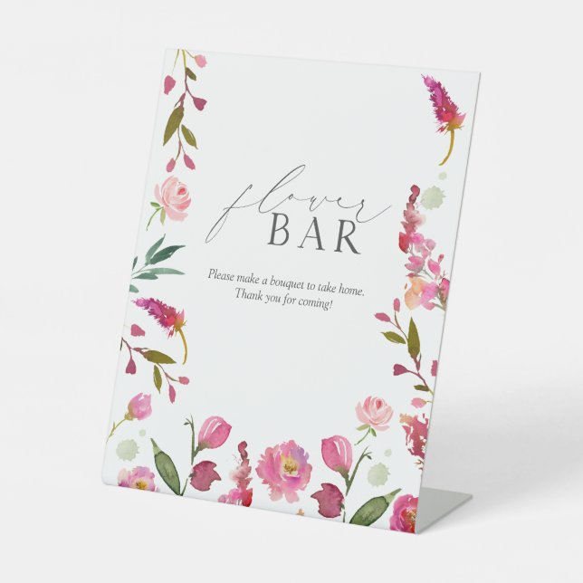 Rosa Aquarellfarben Blume Brautparty Blume Bar Sockelschild (Vorderseite)