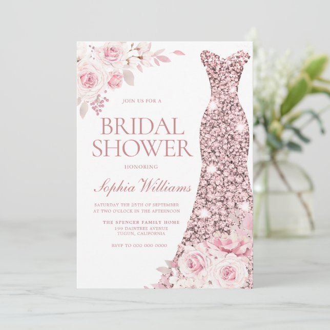 Rosa Aquarellfarben Blume Brautparty kleiden Einladung (Stehend Vorderseite)
