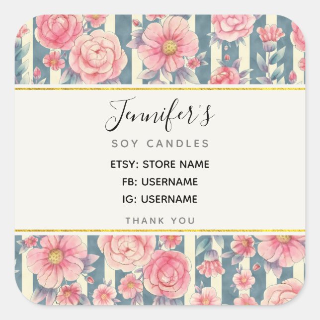 Rosa Aquarellfarben - Blume für Streifen Quadratischer Aufkleber (Vorderseite)