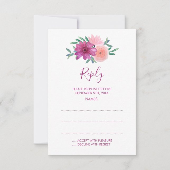 Rosa Aquarellfarben-Blume Hochzeitskarten RSVP Karte (Vorderseite)