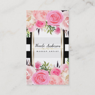 Rosa Aquarellfarben Blume Schwarz-weiße Streifen K Visitenkarte