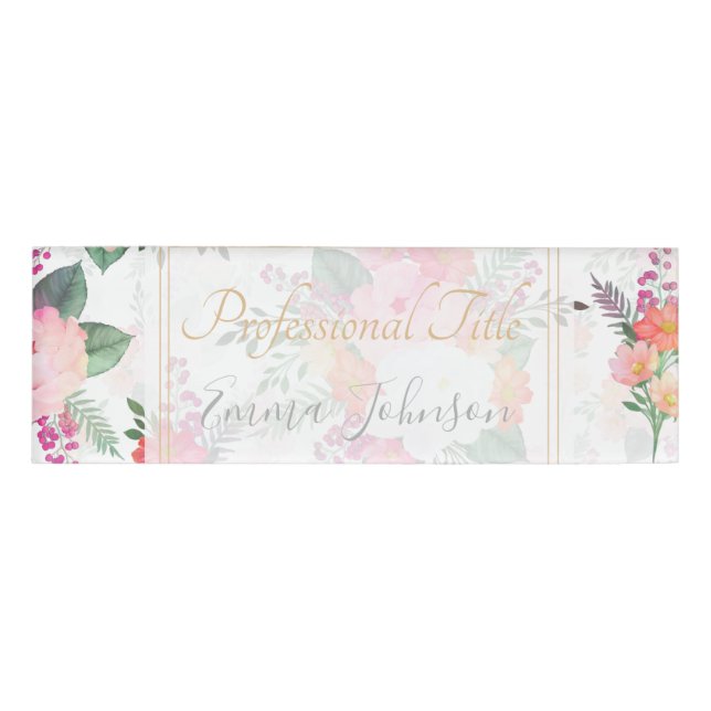 Rosa Aquarellfarben Blume Weißes Design Namenschild (Vorderseite)