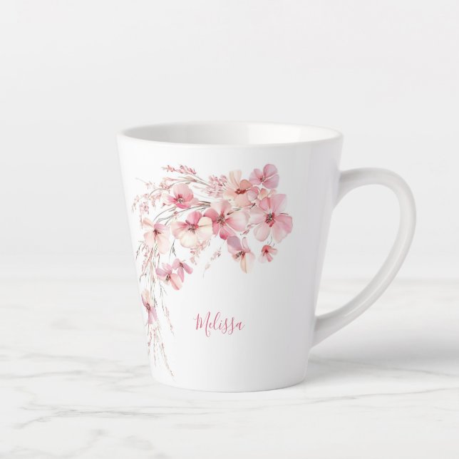Rosa Aquarellfarben Blume Weißes Monogramm Milchtasse (Rechts)