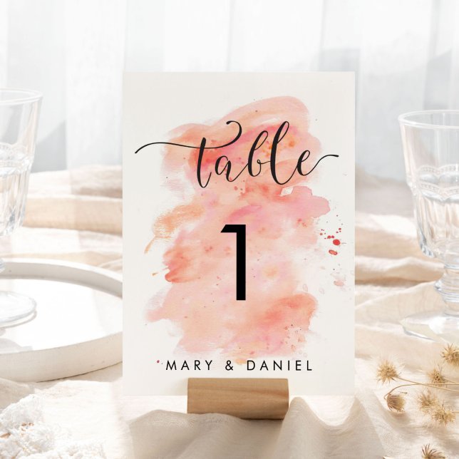 Rosa Aquarellfarben Hintergrund Hochzeitsstimmung  Tischnummer (Pink Watercolor Background Wedding Table Number)